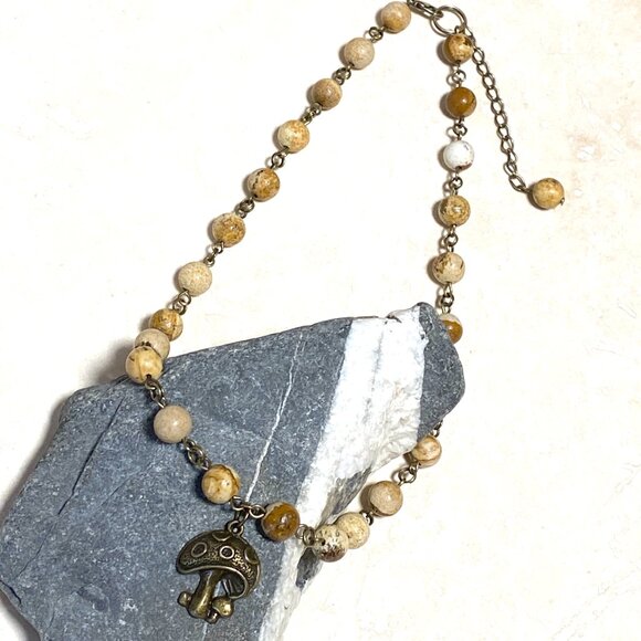 Genuine Yellow Picture Jasper Short Necklace, Bronze Round Mushroom + Gemstone - Picture 6 of 15